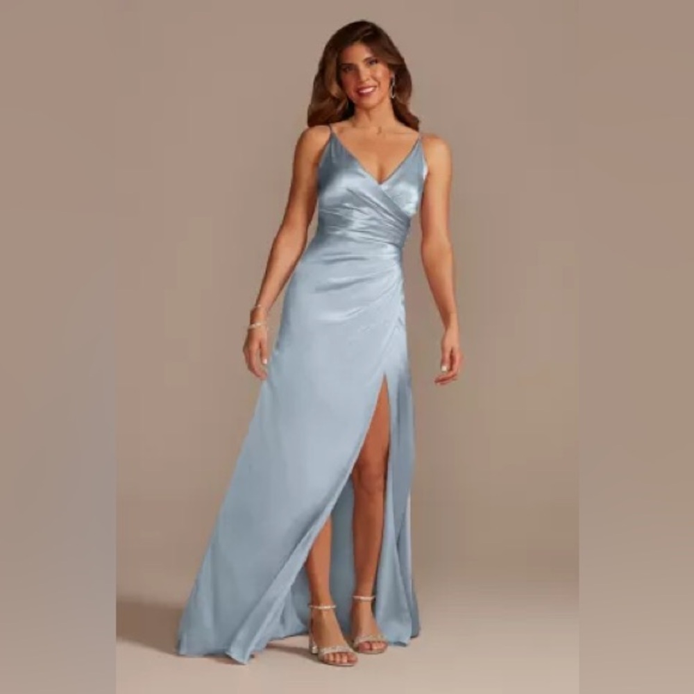 Charmeuse Draped Strappy Bridesmaid Dress, Dusty Blue color, in size 2.